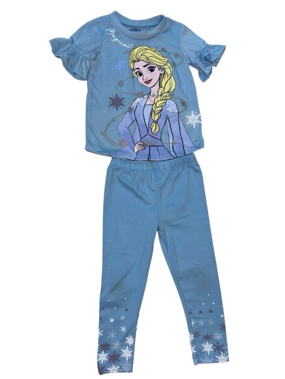 Disney Frozen Elsa 2 Piece Set Girls 4T Blue Top & Leggings Outfit EUC